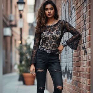 Black Lace Floral Mesh Top Bell Sleeves Stretchy Long Fit Size Medium